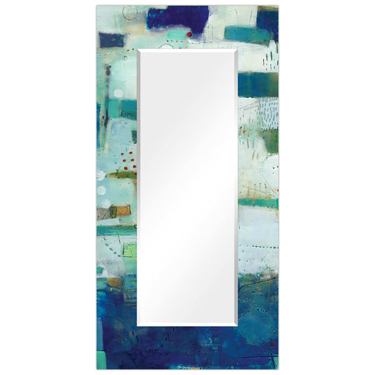 Empire Art Direct Rectangular Beveled Wall Mirror on Blue Abstract Printed Temped Glass, Vanity, Bathroom Mirror, Ready to Hang, Blue