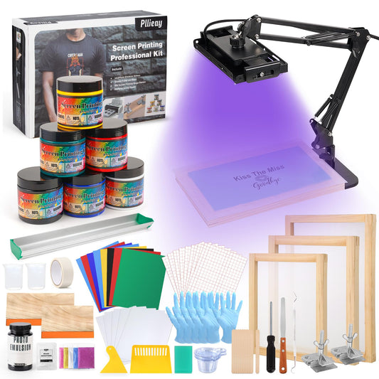 Pllieay 73 Pieces Screen Printing Kits, All-in-One Silk Screen Printing Kit, Screen Print Supplies Includes UV LED Exposure Screen Printing Light