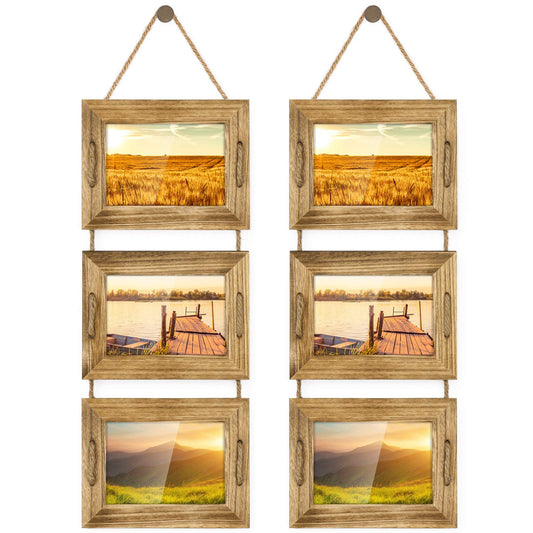 DLQuarts 5x7 Hanging Picture Frames Collage Wall Decor, 3-Frame Set, 3.5x5 with Mat or 5x7 Without Mat, Rustic Solid Wood Photo Frame Pack of 2 Carbonized Black