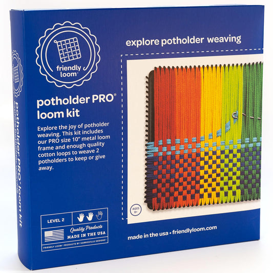 Harrisville Designs Friendly Loom Potholder Pro Weaving Kit | 10”x10” Sturdy Metal Loom and Quality Cotton Weaving Loops | Complete Kit to Weave 2 Large, Durable Potholders | Made in the USA