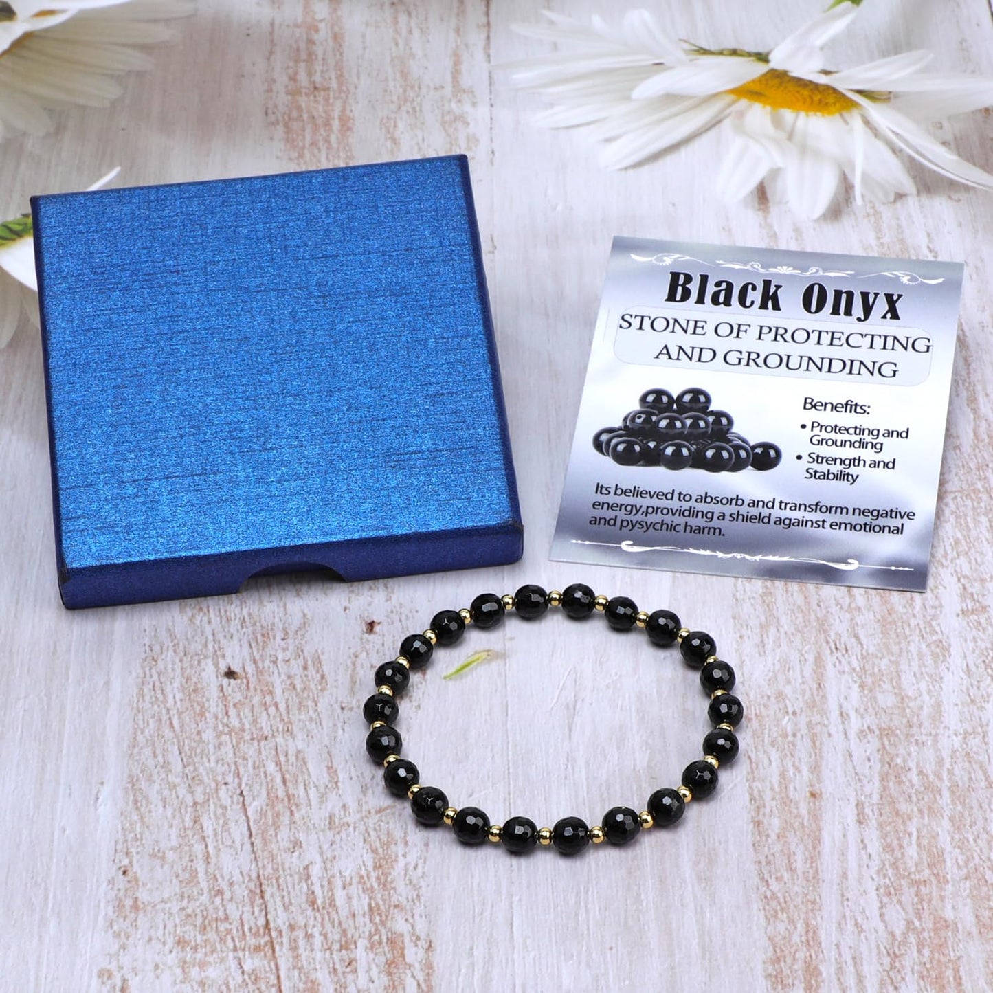 QOGIR Black Onyx - Protecting and Grounding - 14K Gold Plated Beads Natural Gemstone Stretch Elastic Dainty Healing Beaded Bracelets Gifts 6mm