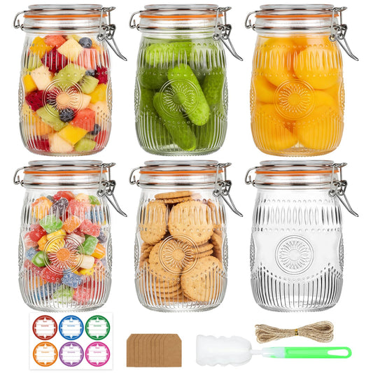 HAYHOI 32oz Mason Jars with Airtight Lids, 6 Pack Wide Mouth Canning Jars with Clamp Lid, Quart Glass Canisters for Kitchen Storage, Pickling, Coffee, Cereal, Sugar, Flour, Beans