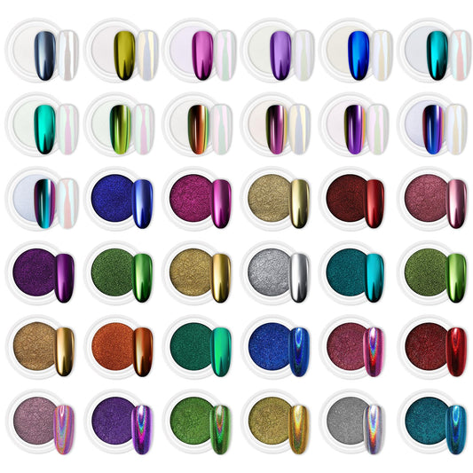 Artdone 36 Jars Chrome Nail Powder Magic White Pearl Kit Mirror Effect Silver Metallic Holographic Dip Nail Powder For Resin Craft & Nail Art Decoration Iridescent Aurora Mermaid Pigment