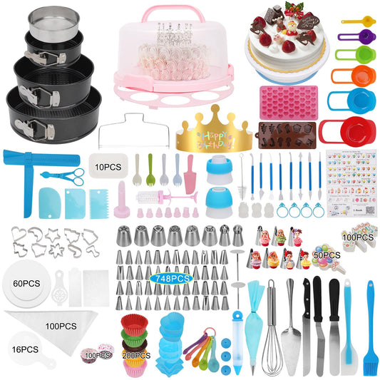 Cake Decorating Kit, 748 Pcs Cake Decorating Supplies with 3 Springform Pans Cake Carrier Turntable Cupcake Liners Cake Topper Piping Bags Tips for Beginner Professional Easter mom Gifts