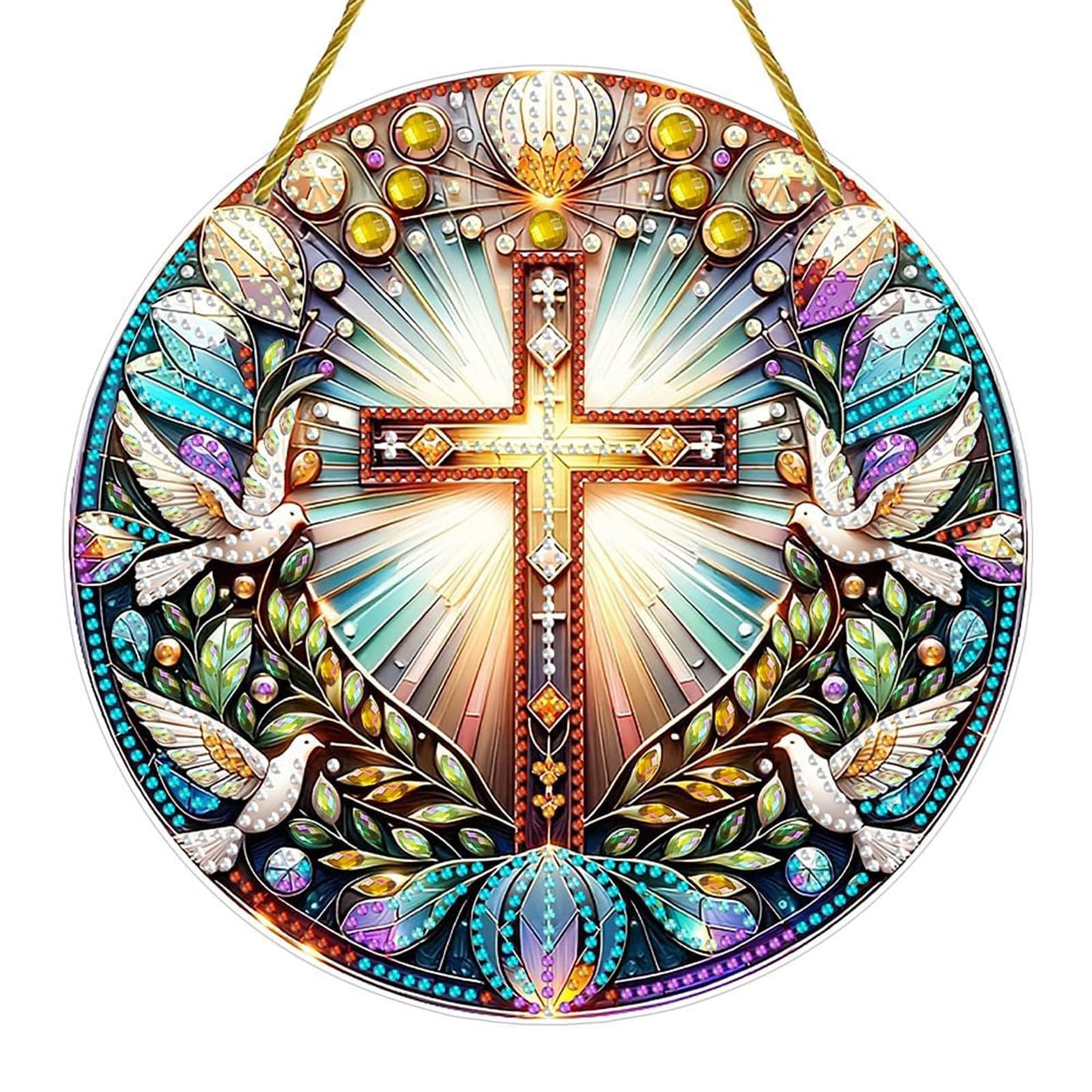DIY Diamond Art Painting Wreath Kits，Special Shaped Rhinestone Hanging Ornament Diamond Art Acrylic Window Pendants for Gift Home Garden Wall Hanging Kits(Cross-1)