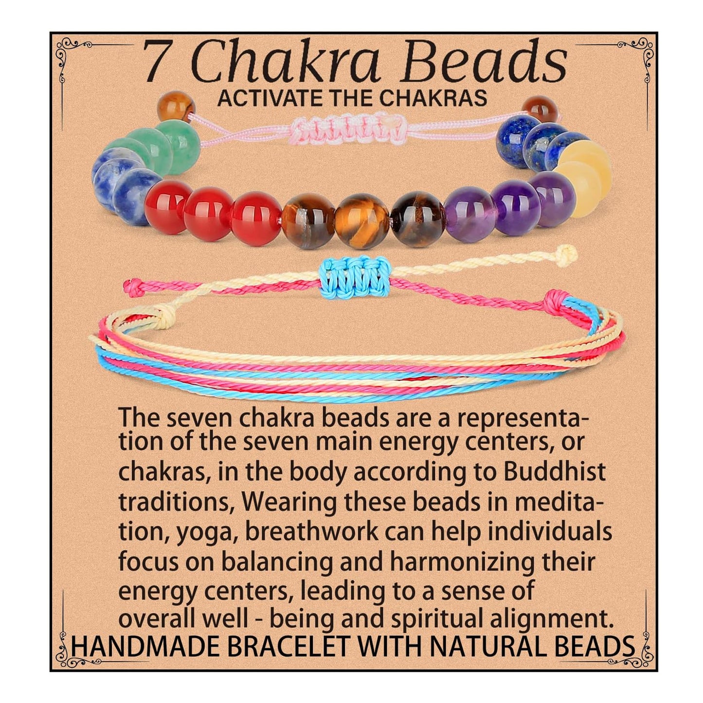 LPBeads 8mm Chakra Bracelet with Handmade Rope Bracelet Size Adjustable Natural Stone Crystal Healing Bracelets Gifts for Unisex Adults