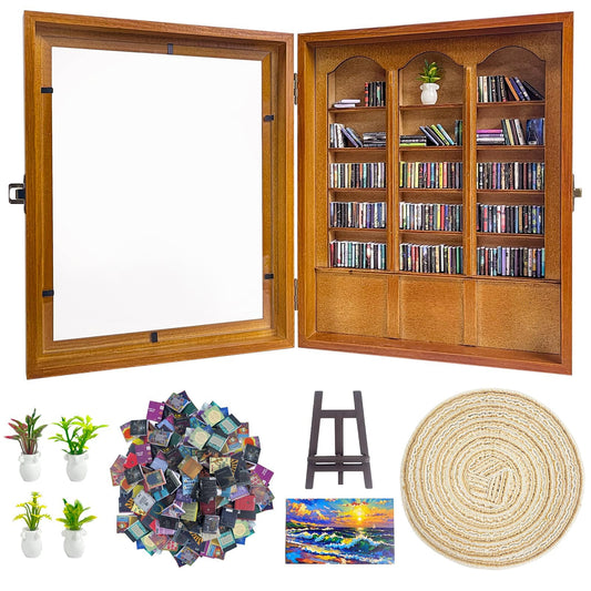KALOPEZY Mini Bookshelf for Desk with 260 Tiny Books, DIY Anxiety Relief Wooden Book Nook Kit with Side Door, Acrylic Display Case with Easel Plant Rug, Stress Relief Decor Gift for Book Lovers Women