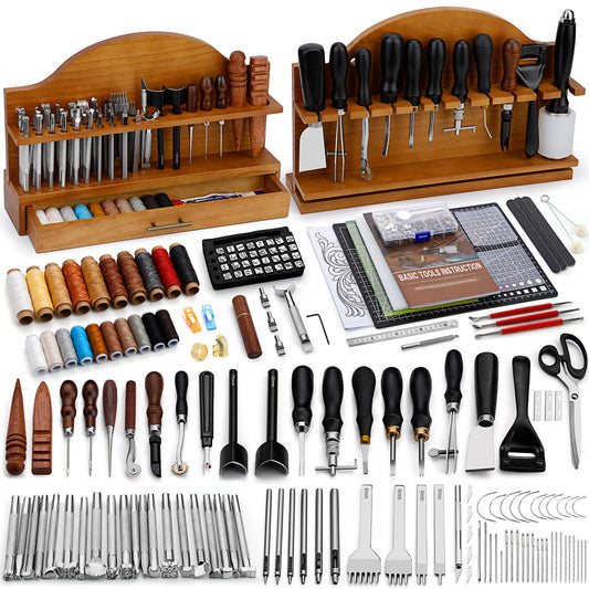 BUTUZE Leather Tools, Leather Crafting Kit with Leather Tool Rack, Leather Working Tools Kit for Adults and Tool Supplies for Carving, Stamping, Engraving, Sewing, Cutting, Punching and DIY Crafts