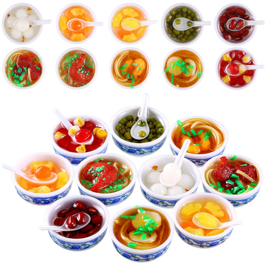 10 Pieces Mini Toy Food Miniatures Chinese Play Food Blue and White Pottery Sweet Soup Syrup Noodle Bowls for Kitchen Dollhouse Accessories