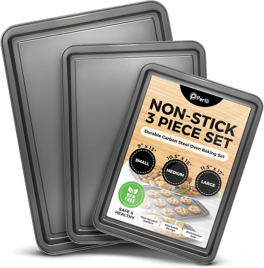 PERLLI Non-Stick Baking Pan Set - 3-Piece Carbon Steel for Even Heat Distribution | Oven Safe to 446°F, BPA-Free, Dishwasher Safe - Gray