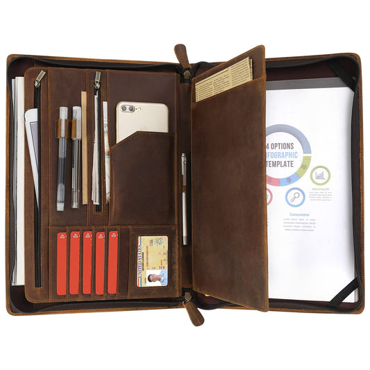 Ringsun Genuine Leather Portfolio Organizer for Men Women with Handle, Full Grain Leather Padfolio Folder with Zipper Business Resume Portfolio for 12.9" iPad, Brown, RS118