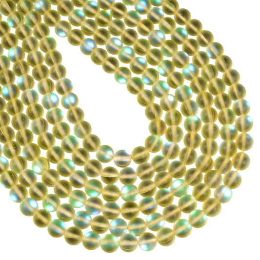 10mm Matte Yellow Mermaid Aurora Crystal Glass Bead, Glitter Round Synthetic Moonstone Beads for Jewelry Making Bracelets