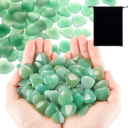 Ecation 120 Pcs Heart Quartz Bulk Crystals Stone Bulk Natural Polished Stone Heart Love Carved Healing Worry Crystal with Flannel Bag for Women Gifts(Green Aventurine)