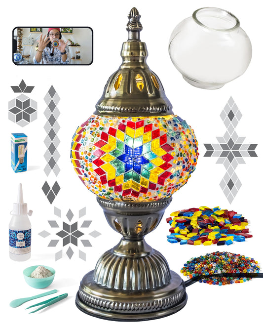 KRAFTSTORIES Turkish Mosaic Lamp Kit DIY Glass Decorative Table Bedside Night Light Tabletop for Living Room Bedroom | Make Your Own Lamp | Antique Bronze Base (Multicolor)