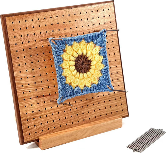 HONEYSEW 11.4" Crochet Blocking Board with 20 Pins/Pegs Handcrafted Mat for Crocheting Knitting Bamboo Granny Square Blocking Boards for Crochet Projects Wooden Crocheting Accessories