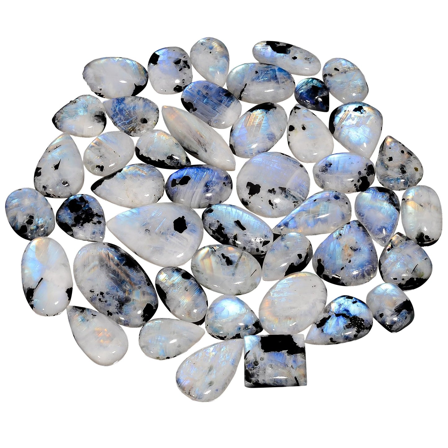 GEMKORA 4 to 5pcs Natural Tourmilated Rainbow Moonstone Crystal Wholesale Lot, June Birthstone, Cabochon Gemstone, Jewelry Making Supplies, Blue Sheen, Natural Mineral, Chakra Healing