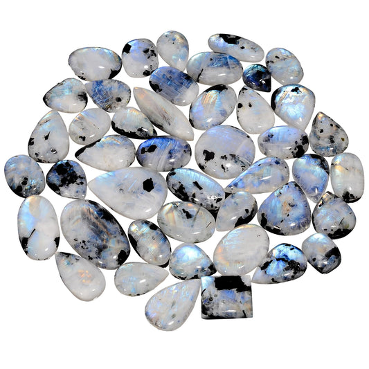 GEMKORA 4 to 5pcs Natural Tourmilated Rainbow Moonstone Crystal Wholesale Lot, June Birthstone, Cabochon Gemstone, Jewelry Making Supplies, Blue Sheen, Natural Mineral, Chakra Healing