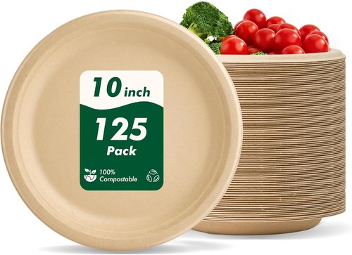 Eco-Strong 10 Inch Disposable Paper Plates - Heavy-Duty Compostable Sugarcane Fiber | 125 Count Unbleached Brown