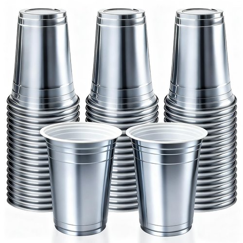 16 oz - 100 Count Metallic Plastic Cups, Disposable Plastic Party Cups for Easy Cleanup and Large Gatherings, Gold Metallic Cups for Birthdays, Parties, Christmas, and Everyday Use (Silver)