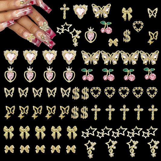 100 Pcs 3D Gold Nail Charms with Cherry Butterfly Cross Bow Star Heart Dollar for Women Nail Art DIY Design