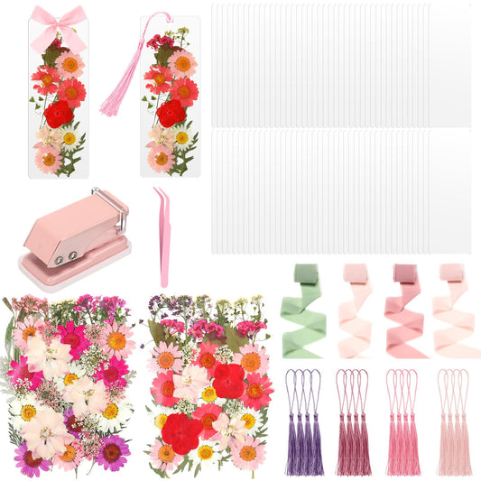 AmazingSpark 222 Pcs Dried Flower Bookmark Making Kit Include DIY Pressed Flower Colorful Tassels Ribbons and Transparent Bookmark Laminating Pouches 2 x 6 Inch(Pink)
