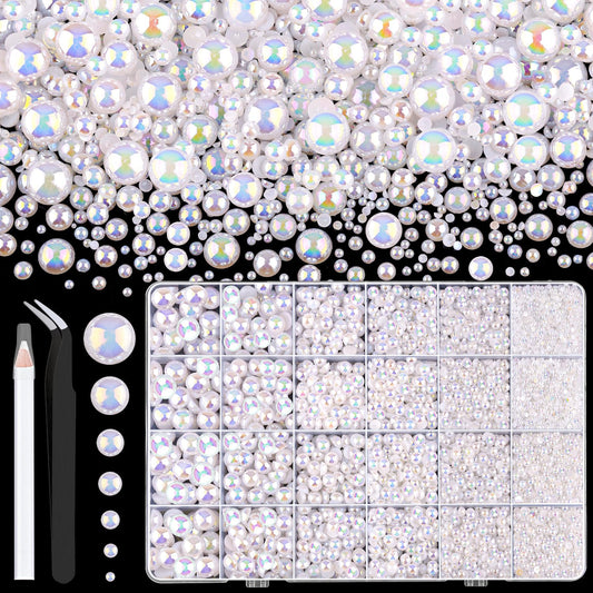 11000Pcs Flatback Pearls for Crafting (White AB), Assorted Size 2/3/4/5/6/8/10mm Non Hotfix Half Pearl, Bedazzling Bead for DIY Crafts Clothing Tumblers Mugs Shoes Fabric Embellishment Nail Art Makeup