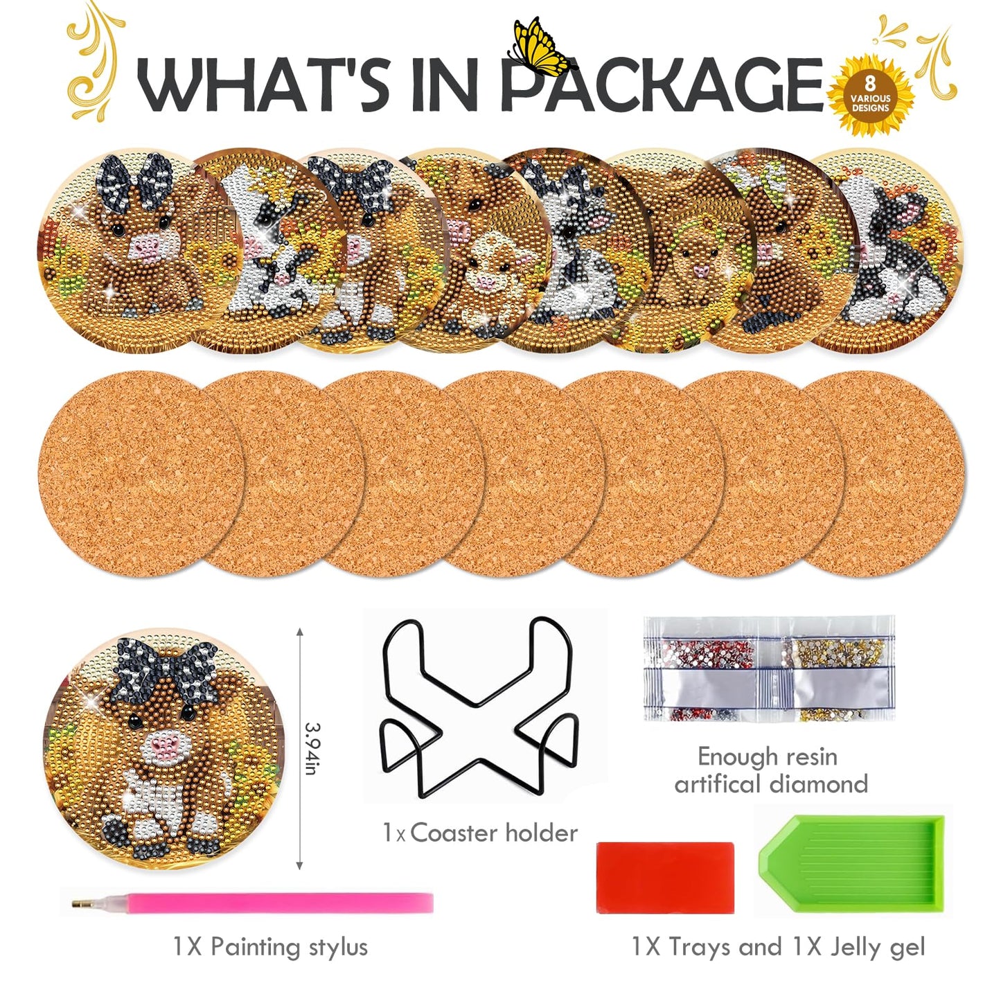 Sitsink Cow Diamond Art Coasters - 8 Pcs DIY Cute Cow Sunflower Diamond Painting Coasters Kits Cartoon Highland Cow Animal Art Craft Kit for Adults Beginners Gifts Crafts Supplies