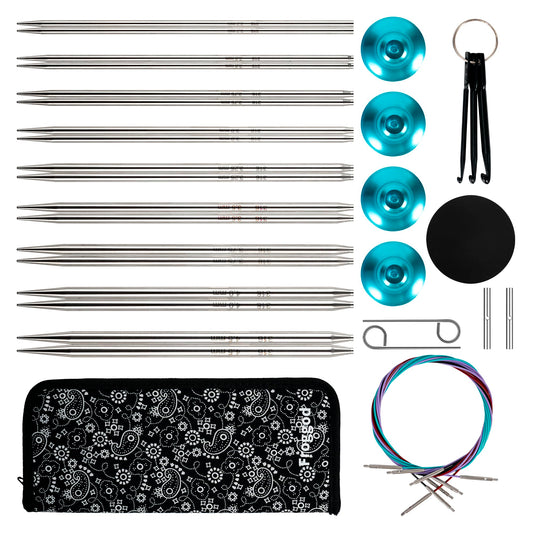 Froggod 5-Inch Stainless Steel Lace Interchangeable Circular Knitting Needle Set, Sizes US 0, 1, 2, 3, 4, 5, 6, 7, 8 Interchangeable Knitting Needles Lace-Tip with 4 Assorted Cables with Project Bag