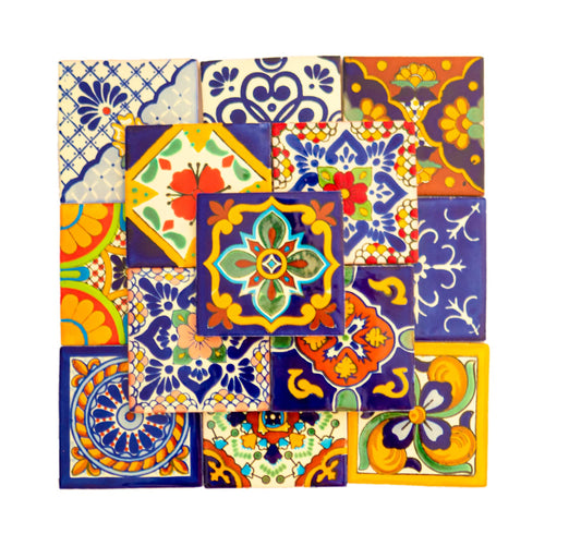 Mexican Talavera Tile Spanish Mediterranean Art Colorful 4"x4" Ceramic Hand Painted Mosaic for Bathroom, Wall, Mirror, Kitchen Rustic Decor Pottery (20, Multi 2)