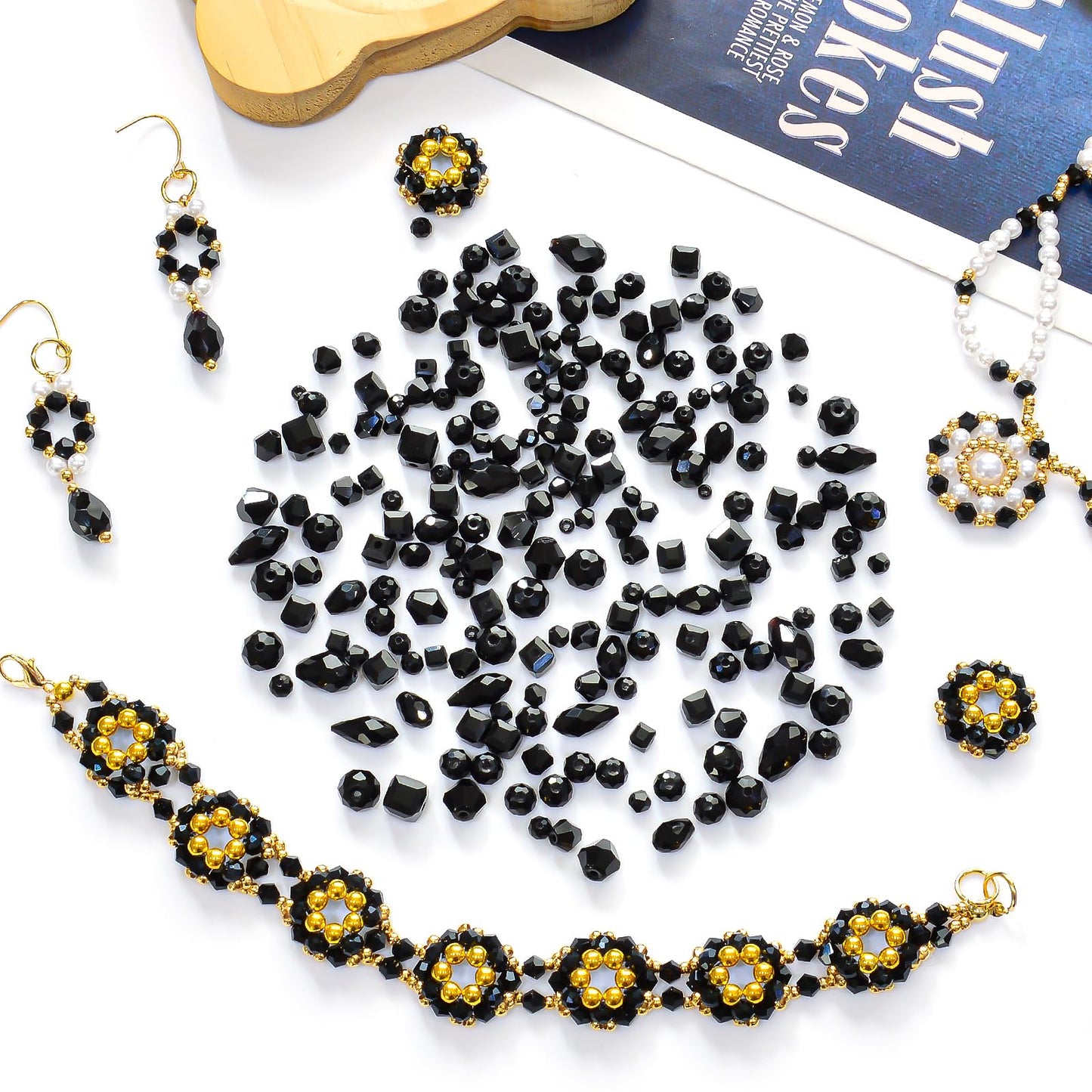 Laopottbeads 1500 Pcs Crystal Glass Beads for Jewelry Making – 12 Styles Bicone, Rondelle, Cube, Teardrop & 3mm Spacer Beads, DIY Bracelet Necklace Earring Craft Kit with Organizer Box(Black)