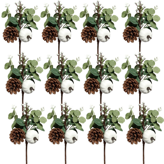 Adurself 12PCS Greenery Stems Artificial Eucalyptus Leaves Fall Picks with White Pumpkin Pinecones for Wedding Table Decor Autumn Thanksgiving Day Flower Arrangements Wreaths Indoor Outdoor Home Decor
