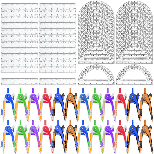Zealor 72 Pack Math Compass & Protractor Geometry Math Plastic Ruler Set Drawing Compass with Pencils 6 Inch Plastic Protractor for Geometry Bulk for Office Woodworking Art Drawing