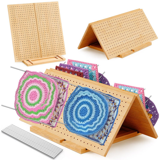 Beeveer 17x17" Foldable Crochet Blocking Board with 10 Pins/Pegs Large Blocking Board for Crocheting Knitting, Bamboo Granny Square Boards, Wooden Crocheting Accessories Gifts for Crocheters