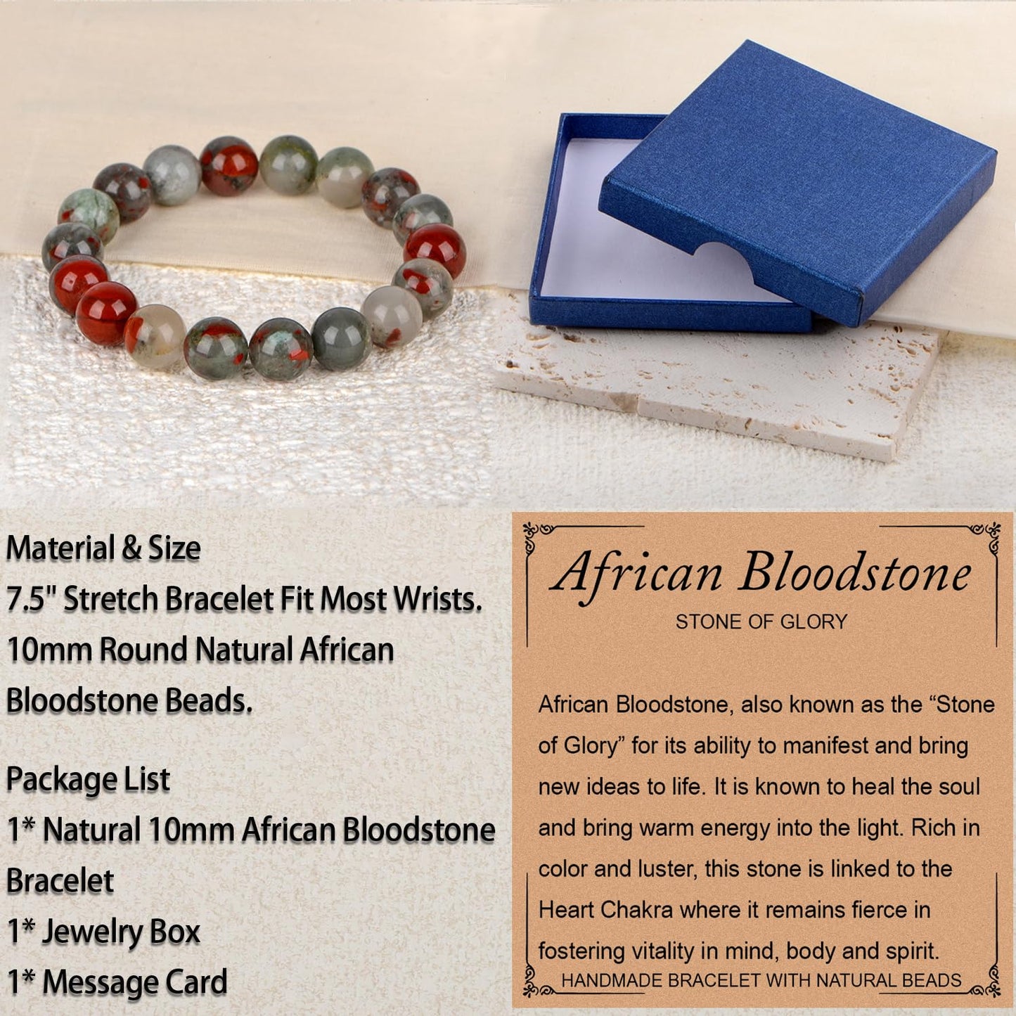 LPBeads Handmade Natural Gemstone Stretch Elastic 10mm African Bloodstone Bracelet Healing Crystal Round Stone Beads Jewelry Gifts for Women Men