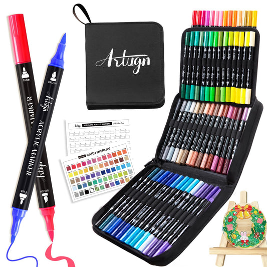 Artugn 60 Colors Acrylic Paint Pens, Dual Tip Pens With Fine Tip and Brush Tip for Rock Painting, Ceramic, Wood, Plastic, Calligraphy, Scrapbooking, Brush Lettering, Card Making, DIY Crafts