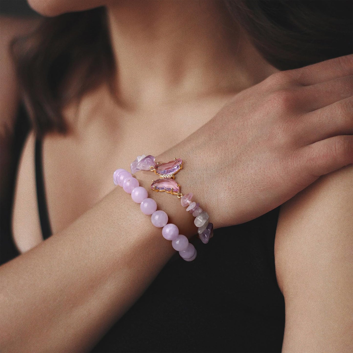 GolbalJew Purple Jade Stone Bracelet for Women Healing Crystal Stone Butterfly Charms Bracelets Gemstone Beads Stretch Bracelet Jewelry Women Gift