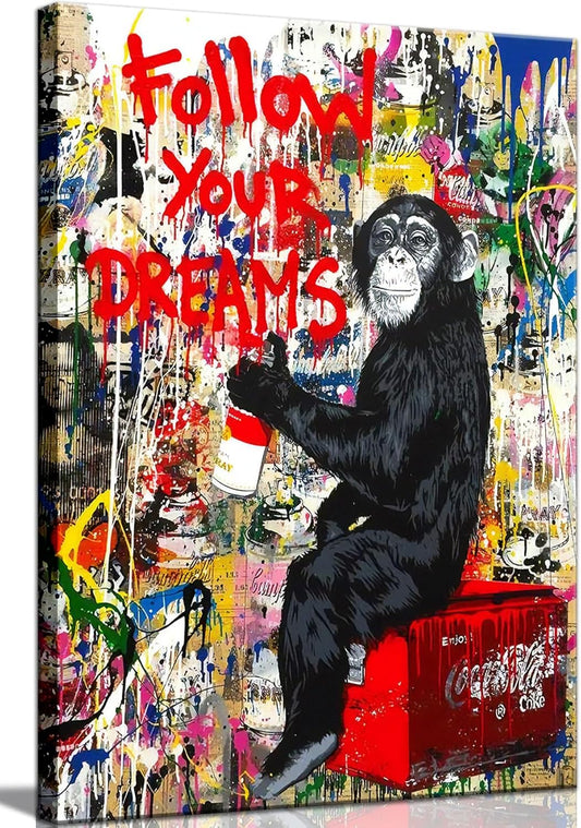 AKOTAC Monkey Street Graffiti Canvas Print - Follow Your Dreams Animal Wall Art | Framed Home Decor for Living Room & Office