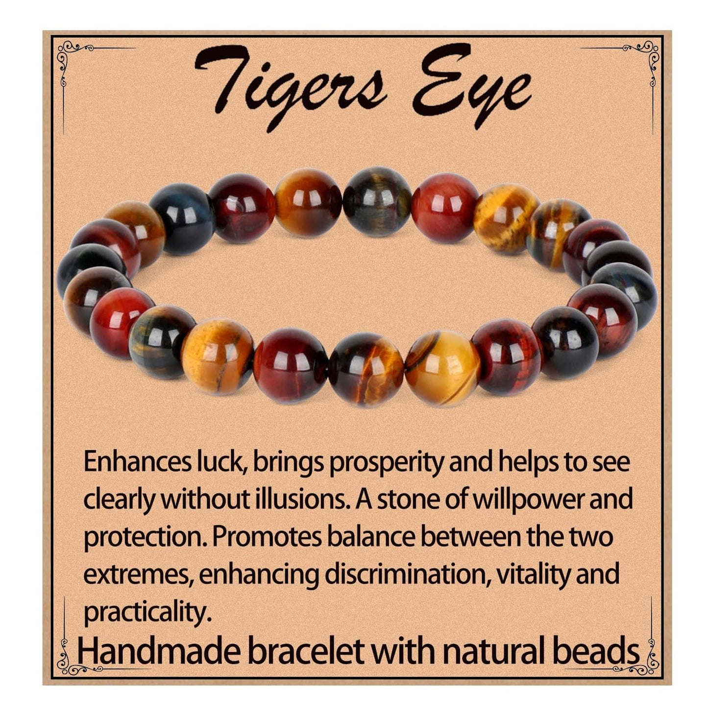 LPBeads Handmade Natural Gemstone Stretch Elastic 8mm Multicolor Tiger's Eye Bracelet Healing Crystal Round Stone Beads Jewelry Gifts for Women Men