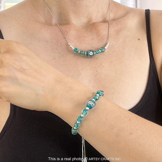 ARTSY CRAFTS INC Glow in The Dark Firefly Beads Bracelets Necklaces, Murano Glass Beads Crystal Birthstone Beaded Jewelry Adjustable Slider Chain (Bracelet-Teal)