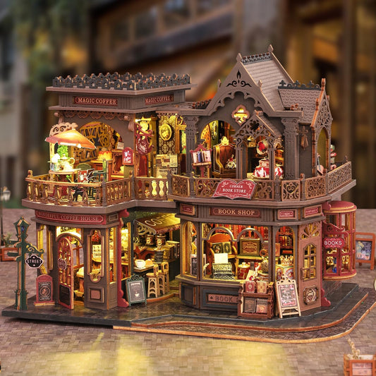 Jorivel Letter Coffee DIY Miniature House Kit with LED Light - Assembled Dollhouse Kit for Shelf Decor - Wood 3D Puzzles Tiny House Book Nook - Creative Gift for Adults at Christmas Halloween Birthday