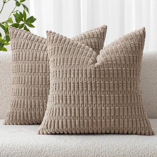 MIULEE Euro Sham Pillow Covers - Soft Boho Striped Corduroy | 26x26 Inch, Light Brown, Modern Farmhouse Decor