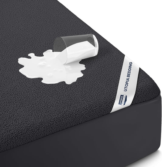 Utopia Bedding Full Size Mattress Protector - Waterproof Terry Cover with Deep Pockets | Soft & Breathable Black