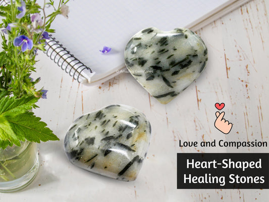 Amazing Gemstone Green Tourmaline in Quartz Crystal Heart Palm Stone - Pocket Massage Worry Stone for Natural Body Chakra Balancing, Reiki Healing and Crystal Grid