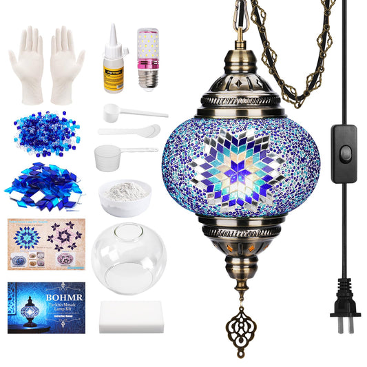 BOHMR DIY Turkish Mosaic Lamp Kit, 7.2"D Plug-in Stained Glass Pendant Hanging Lamp Making Kit with 15ft Cord-No Skills Needed,Mosaic Art & Craft Project Kits for Adults&Teens, Make Your Own Lamp,Blue