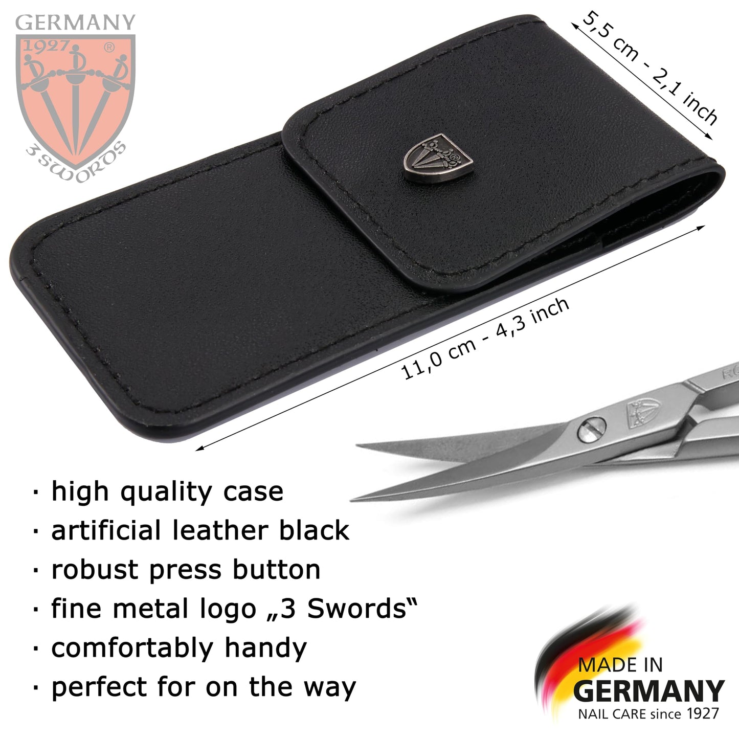 3 Swords Germany - brand quality STAINLESS STEEL INOX CURVED CUTICLE SCISSORS (1 PIECE) with case for manicure pedicure - nail care by 3 Swords - Made in Germany