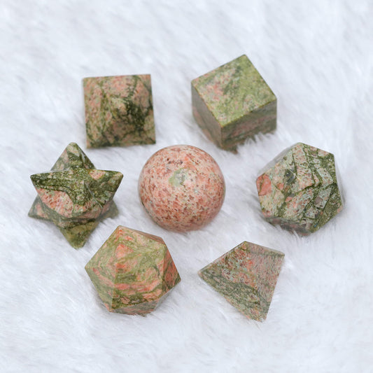 Crocon Unakite 7Pcs Platonic Solids Crystal Geometry Set, Platonic Solids Sacred Geometric Stones for Meditation Reiki Balancing Healing Chakra Stone Cleansing Spiritual Good Luck (15-20 mm)