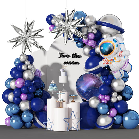 Amandir139pcs Space Balloon Garland Arch Kit Outer Space Birthday Decorations with Blue Purple Silver Galaxy Astronaut Foil Balloons for Boys Themed Birthday Party Decoration Supplies