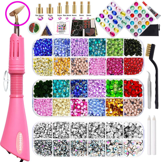 esseelove Bedazzler Kit with Rhinestones, Hotfix Applicator Tool, DIY Hot Fix Rhinestone Bedazzling kit, 3560 Rhinestones for Crafting, Crystal AB, Clear, 14 Colors, w/Self-Adhesive Gems