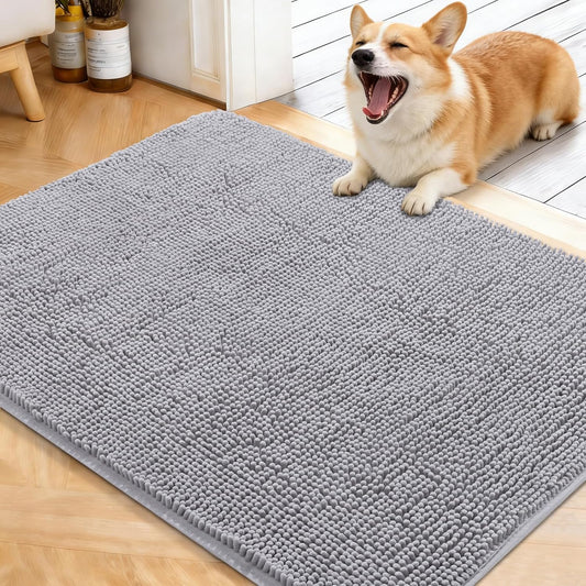 OLANLY Dog Door Mat - Absorbent Non-Slip Chenille for Muddy Paws | 40x32 Light Grey Indoor Entryway Carpet