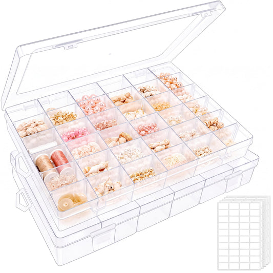 2 Pack Clear Bead Organizer Tackle Box with Adjustable Dividers for Jewelry Art Craft Containers 36 Grids Compartment with 5 Sheets Label Stickers